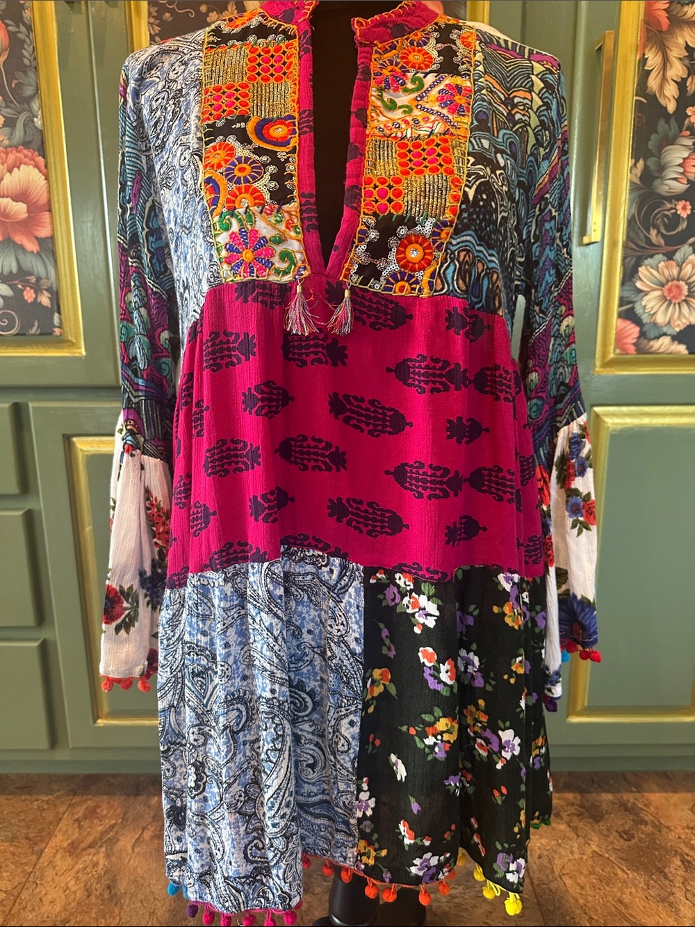 Ananda’s collection-Bohemian Patchwork Tunic in Magenta and Multicolor